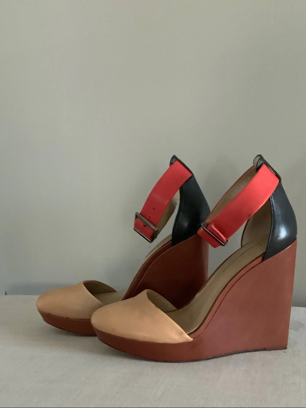 BCBGMaxAzria Coral and Tan Platform Ankle-Strap Heels